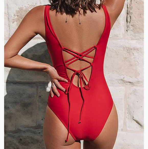 CUPSHE One Piece O Ring Red Strappy Lace Up Monokini Swimsuit Size Small 4-6 NEW - Picture 3 of 14